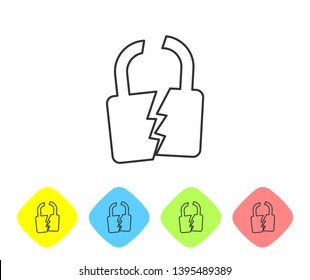 Grey Broken or cracked lock line icon on white background. Unlock sign. Set icon in color rhombus buttons. Vector Illustration