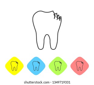 Grey Broken tooth line icon isolated on white background. Dental problem icon. Dental care symbol. Set icon in color rhombus buttons. Vector Illustration