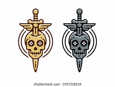 Grey and brown color of skeleton sword tattoo design
