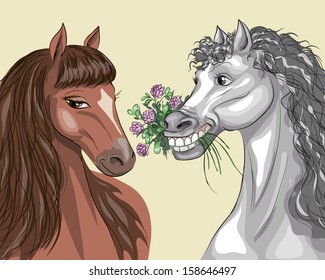 Grey and brown horses with a bouquet of clover.