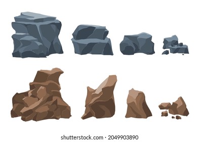 Grey and brown rocks fragments mountain elements stones 2 realistic horizontal sets white background isolated vector illustration