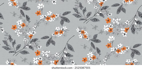 grey and brown vector small flowers with green leaves pattern on green background
