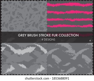 La colección de piel de pincel gris incluye 4 muestras de diseño para impresiones de moda, homeware, gráficos, fondos