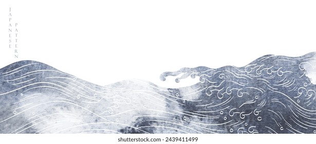 Grey brush stroke texture with Japanese ocean wave pattern in vintage style. Black and white abstract art landscape banner design with watercolor texture vector. Hand drawn line