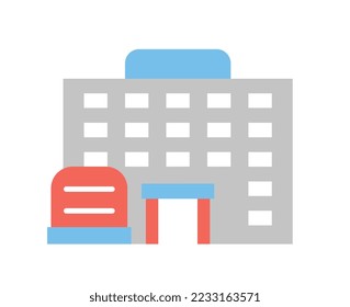 Grey building icon. Gray house with red wall, blue roof and arch. Sticker for social networks and messengers. Template, layout and mockup. Urban real estate. Cartoon flat vector illustration