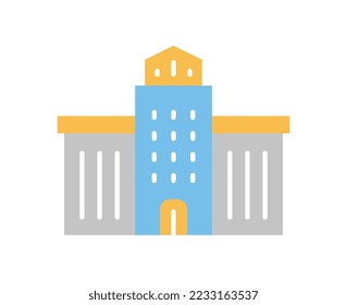 Grey building icon. Large luxurious building with goldroof. Stylish logotype for company or organization, branding. Real estate and property, urban architecture. Cartoon flat vector illustration