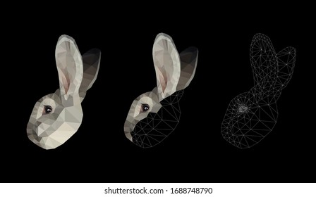 Grey bunny face set low poly triangular vector illustration isolated on black. Polygonal style trendy modern logo business fairy design template for 
easter invitations and greetings.