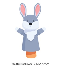 Grey bunny hand puppet with open arms wearing a white scarf, isolated on white background