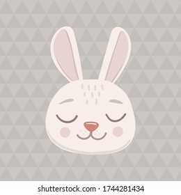 Grey bunny head face oval icon with closed eyes. Cute cartoon funny character. Pet baby print collection. Happy valentines day. Scandinavian style Isolated on a triangular background. Vector