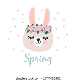 Icono ovalado de la cabeza del conejo gris con los ojos cerrados y una corona de flores. Caricatura graciosa. Colección de huellas de bebés para mascotas. Feliz primavera. Estilo escandinavo aislado en un fondo blanco.