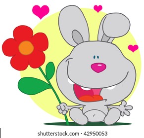 Grey bunny holds flower