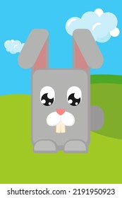 Grey bunny rabbit sitting in colorful summer valley Domestic cartoon animal. Farm themed vector illustration for icon, stamp, label, badge, sticker or gift card