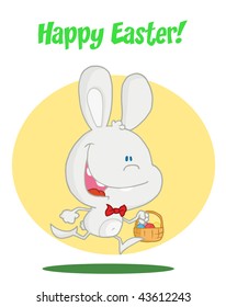 Grey bunny running with easter eggs  in a basket