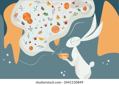 Grey bunny whith cup of orange tea