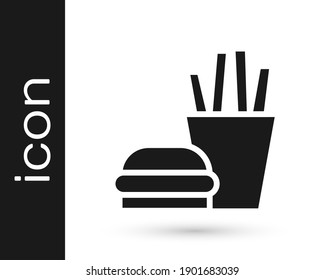 Grey Burger and french fries in carton package box icon isolated on white background. Hamburger, cheeseburger sandwich. Fast food.  Vector Illustration