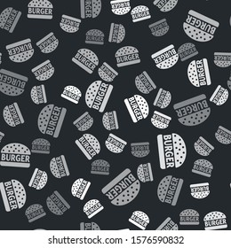 Grey Burger icon isolated seamless pattern on black background. Hamburger icon. Cheeseburger sandwich sign.  Vector Illustration