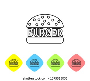 Grey Burger line icon isolated on white background. Hamburger icon. Cheeseburger sandwich sign. Set icon in color rhombus buttons. Vector Illustration