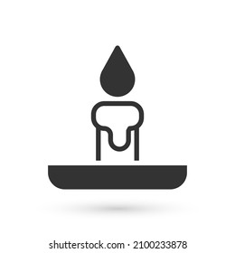 Grey Burning candle in candlestick icon isolated on white background. Cylindrical candle stick with burning flame.  Vector