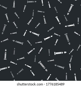 Grey Burning candle icon isolated seamless pattern on black background. Cylindrical candle stick with burning flame. Vector Illustration
