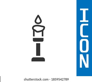 Grey Burning candle icon isolated on white background. Cylindrical aromatic candle stick with burning flame. Happy Halloween party.  Vector
