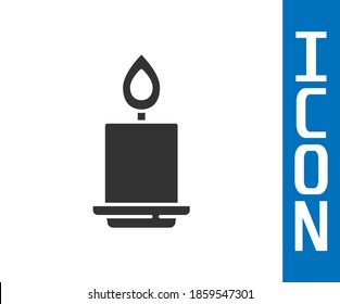 Grey Burning candle icon isolated on white background. Cylindrical aromatic candle stick with burning flame. Happy Halloween party.  Vector