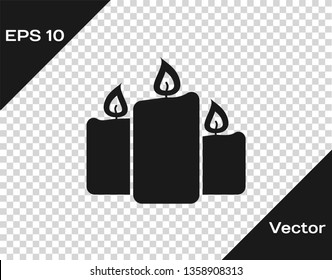 Grey Burning candles icon isolated on transparent background. Old fashioned lit candles. Cylindrical aromatic candle sticks with burning flames. Vector Illustration