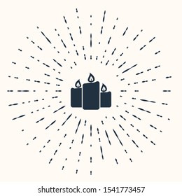 Grey Burning candles icon isolated on beige background. Old fashioned lit candles. Cylindrical aromatic candle sticks with burning flames. Abstract circle random dots. Vector Illustration