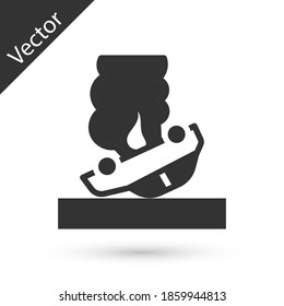 Grey Burning car icon isolated on white background. Car on fire. Broken auto covered with fire and smoke. Vector.