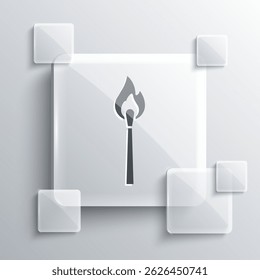 Grey Burning match with fire icon isolated on grey background. Match with fire. Matches sign. Square glass panels. Vector