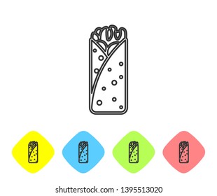 Grey Burrito line icon isolated on white background. Traditional mexican fast food. Set icon in color rhombus buttons. Vector Illustration