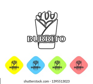 Grey Burrito line icon isolated on white background. Traditional mexican fast food. Set icon in color rhombus buttons. Vector Illustration