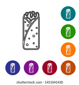 Grey Burrito line icon isolated on white background. Traditional mexican fast food. Set icon in color circle buttons. Vector Illustration