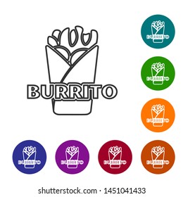 Grey Burrito line icon isolated on white background. Traditional mexican fast food. Set icon in color circle buttons. Vector Illustration