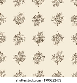 Grey bush silhouettes seamless pattern in doodle simple style. Pastel background. Floral nature backdrop. Stock illustration. Vector design for textile, fabric, giftwrap, wallpapers.