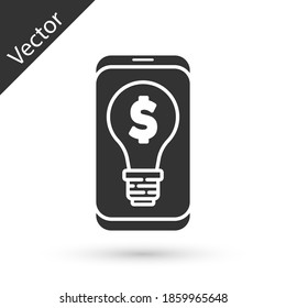 Grey Business light bulb with dollar on smartphone screen icon isolated on white background. User touch screen. Vector.