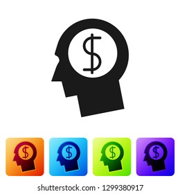 Grey Business man planning mind icon isolated on white background. Human head with dollar symbol. Idea to earn money. Business investment growth. Set icon in color square buttons. Vector Illustration