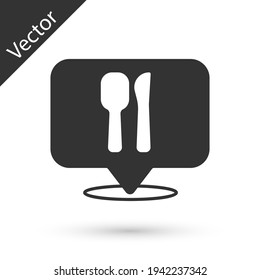 Grey Cafe and restaurant location icon isolated on white background. Fork and spoon eatery sign inside pinpoint. Vector.
