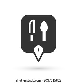 Graues Café und Gaststättenstandort Symbol einzeln auf weißem Hintergrund. Kniffe und Löffel-Wasserzeichen in der Mitte Punkt.  Vektorgrafik.