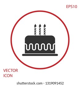 Grey Cake with burning candles icon isolated on white background. Happy Birthday. Red circle button. Vector Illustration