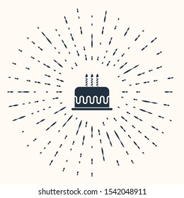 Grey Cake with burning candles icon isolated on beige background. Happy Birthday. Abstract circle random dots. Vector Illustration