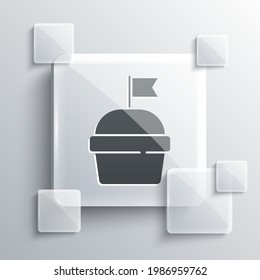 Grey Cake icon isolated on grey background. Happy Birthday. Square glass panels. Vector