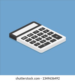 Grey calculator with black buttons on blue background with shadow. Portable calculator in flat isometric design. EPS 10