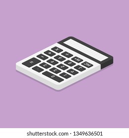 Grey calculator with black buttons on violet background with shadow. Portable calculator in flat isometric design. EPS10