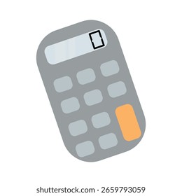 Calculadora cinza em estilo plano. De volta à escola. Dispositivo matemático simples para uso em escolas ou escritórios. Ilustração vetorial, isolada sobre fundo branco.