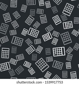 Grey Calculator icon isolated seamless pattern on black background. Accounting symbol. Business calculations mathematics education and finance.  Vector Illustration
