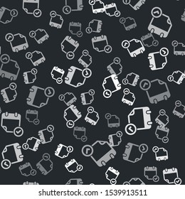 Grey Calendar with check mark icon isolated seamless pattern on black background.  Vector Illustration