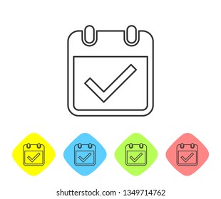 Grey Calendar with check mark line icon isolated on white background. Set icon in color rhombus buttons. Vector Illustration Grey Calendar with check mark line icon isolated on white background. Set icon in color rhombus buttons. Vector Illustration
