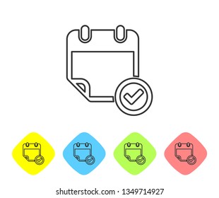 Grey Calendar with check mark line icon isolated on white background. Set icon in color rhombus buttons. Vector Illustration