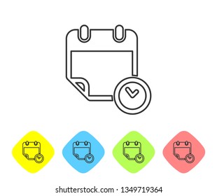 Grey Calendar and clock line icon isolated on white background. Schedule, appointment, organizer, timesheet, time management, important date. Set icon in color rhombus buttons. Vector Illustration