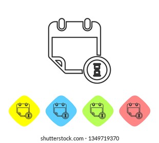 Grey Calendar and clock line icon isolated on white background. Schedule, appointment, organizer, timesheet, time management, important date. Set icon in color rhombus buttons. Vector Illustration